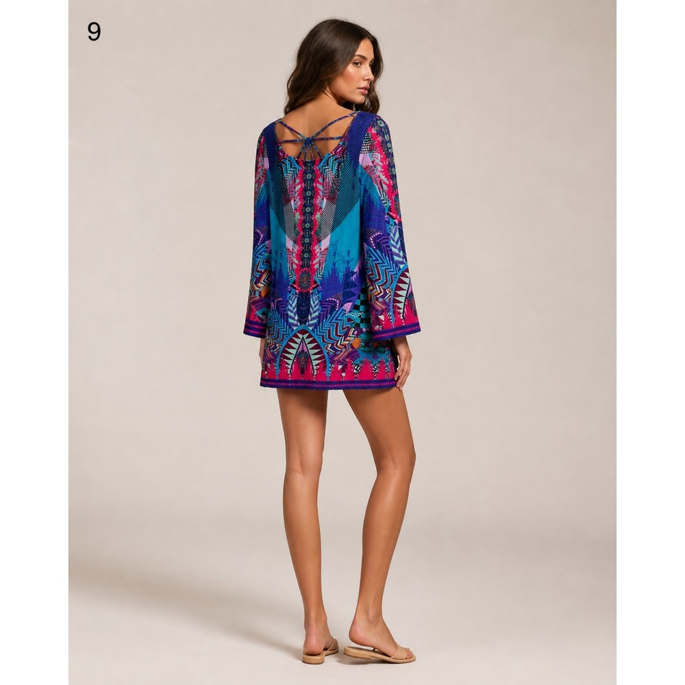 Hale Bob Colorful Print Long Sleeve Dress Bohemian Festival Vibrant